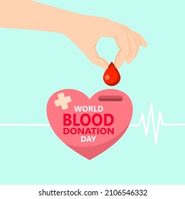 Hand bringt einen Tropfen Blut in die Herzbank. Blutspender für Poster, Banner und Hintergrund. Vektorgrafik-Illustrator Flat Design für das Tageskonzept für Blutspenden.