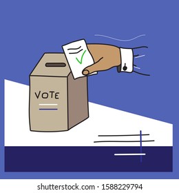Hand puts envelope in a ballot box. Voting Process, election concept. Flat doodle hand drawn stile. Include of hand and box. Vector colored illustration for poster, cards 