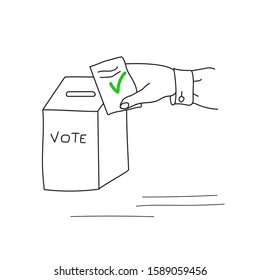 Hand puts envelope in a ballot box. Voting Process, election concept. Flat doodle hand drawn stile. Include of hand and box. Vector colored illustration for poster, cards and web