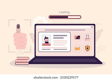 La mano pone el dedo en el sensor del ordenador portátil. Contraseña biométrica de huellas dactilares con candado, tarjeta de identificación e íconos de escudo en pantalla. Toque ID. Interfaz de Contraseña al Iniciar sesión. Autenticación, verificación​​ seguridad.