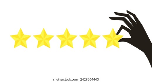 The hand puts five gold stars. Five star quality rating icon. The hand gives a five star rating. Customer review