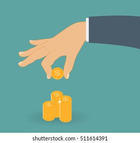 Hand Puts Gold Coin - Contribution to the Future.  Vector Illustration. EPS10