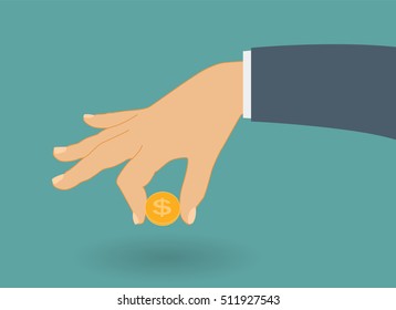 Hand Puts Gold Coin - Contribution to the Future.  Vector Illustration. EPS10
