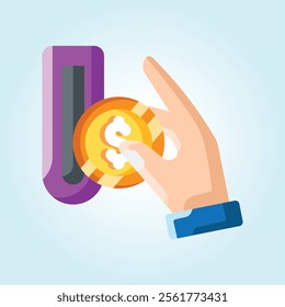 A hand puts a gold coin into a purple slot. Simple illustration of depositing money.