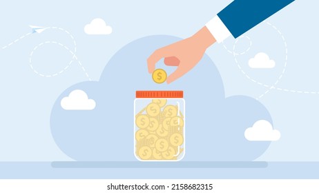 Mano pone una moneda de oro en una caja de vidrio. El concepto de ahorrar dinero. Monedas de oro en un frasco de vidrio transparente con tapa. Piggybank para guardar dinero. Jar con dinero. Ilustración plana. Vector