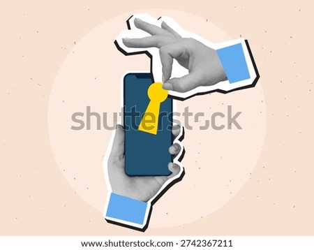 Hand puts a keyhole on a phone screen. Cyber ​​security concept. Modern collage style. Vector illustration
