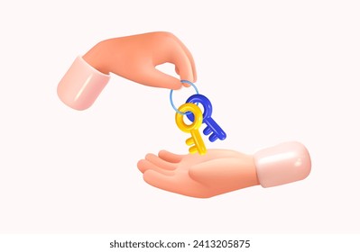 The hand puts the keys in the other hand. Gives away the key. In 3D style. Vector illustration