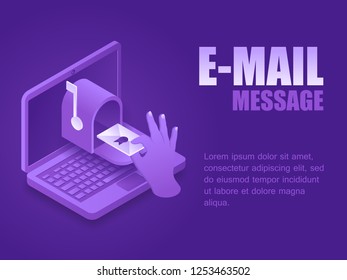 Hand puts the letter in the mailbox on screen laptop in isometric