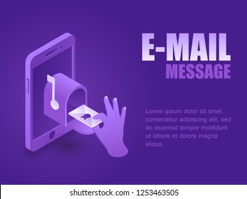 Hand puts the letter in the mailbox on screen smarthone in isometric