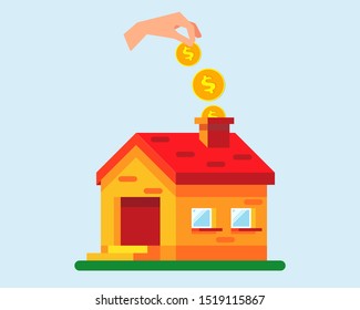A hand puts many golden coins in the house. Saving up for a house, savings on housing.