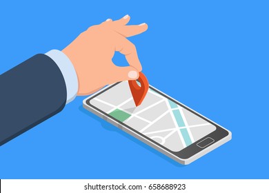 Hand puts mark on map in phone application, concept of location isometric flat vector illustration