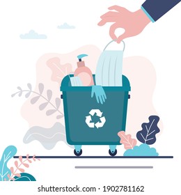 Hand puts medical mask in trash can. Recycling of personal protective equipment. Trash bin full of face masks and gloves. End of coronavirus epidemic. Concept of zero waste. Flat vector illustration