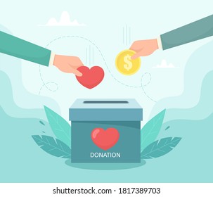 The hand puts money and a coin into the charity box. The concept of charity and caring for people. Vector illustration in flat style.