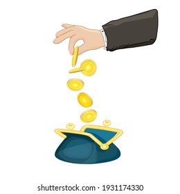 Hand puts money into the wallet isolated on white background. Growth, income, savings, investment concept. Symbol of wealth or finance. Business success.Bank deposit metaphor.Stock vector illustration