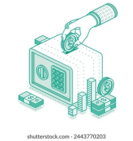 Hand puts money in safe. Isometric concept of savings money. Dollar coin. Stack of money. Vector illustration. Outline object. Manage money and finance analytics.