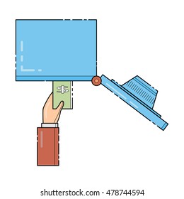 Hand puts money in the safe. Saving. Protection of the accumulated funds, contributions. Flat vetor illustration