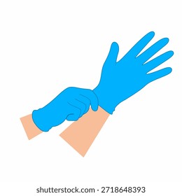 La mano se pone guantes médicos desechables azules. Concepto de control de infecciones.