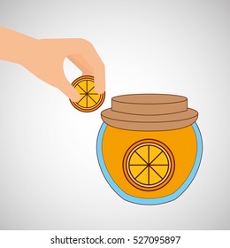 hand puts orange jar jam vector illustration eps 10