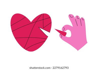 La mano pone un pedazo de corazón en su lugar. Concepto de reconciliación. El corazón rojizo roto. Restablecer el amor. Corazón roto, recuperación. Ilustración del vector