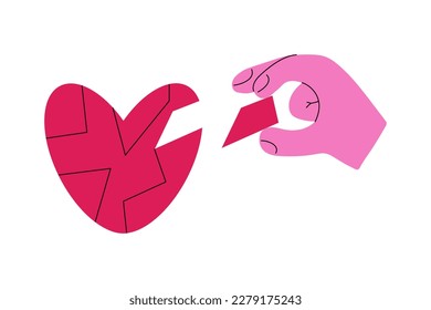 Hand puts piece of heart in place. Man collects red broken heart. Reconciliation concept. Restore love. Broken heart, recovery. Vector illustration