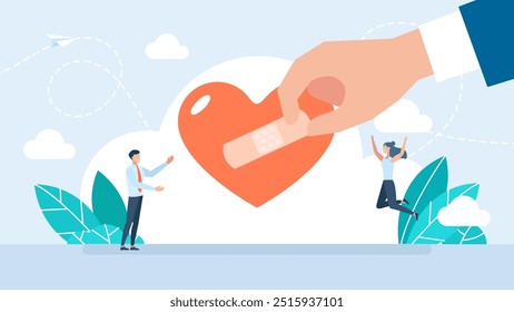 La mano pone un yeso en el corazón. Corazón con el yeso del vendaje médico para el símbolo del concepto del cuidado médico. Desconsolado con yeso adhesivo. Ilustración vectorial