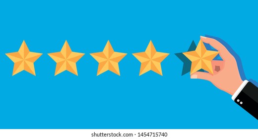 Hand puts rating. Reviews five stars. Testimonials, rating, feedback, survey, quality and review. Vector illustrayion in flat style
