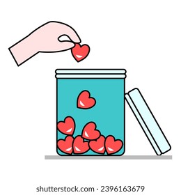 Hand puts red hearts in jar. Valentine's Day Concept flat design. Vector illustration.
