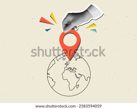Hand puts a red pin location marker a planet Earth. Modern collage style. Vector illustration