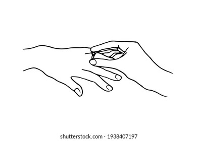 hand puts a ring on another person's finger - one line drawing. put a ring on your finger, consent to an offer to marry