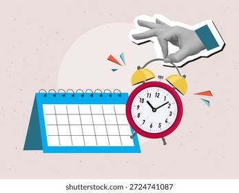 Uma mão coloca um despertador vermelho tocando perto de um calendário de papel. Estilo moderno de colagem de fotos. Ilustração vetorial