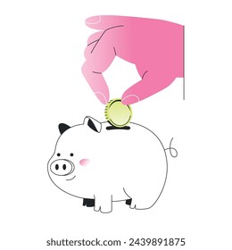 Hand Puts Shiny Coin Into Piggy Bank.Vector illustration isolated on white background. Editable stroke.