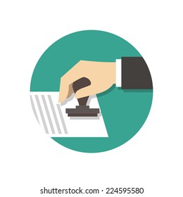 Hand puts a stamp. Vector illustration in trendy flat style isolated on white background