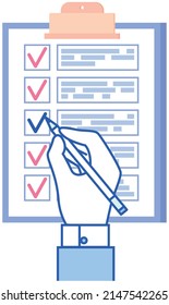 Hand puts tick in form, paper checklist on clipboard. Person filling out document with data. Working with information, analytics. Sheet of paper, document, checklist. Do to list on presentation tablet