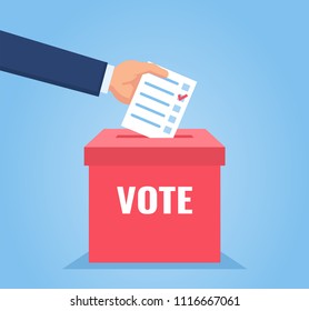 Hand puts vote bulletin into vote box. Election concept. Flat design vector illustration