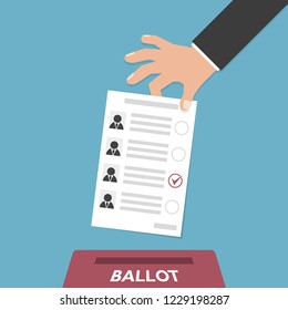 Hand puts vote bulletin into vote box in a flat design.