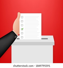 Hand puts vote bulletin into vote box. Voting concept. Ballot box. Vector stock illustration.