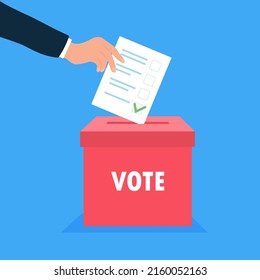 Hand puts vote bulletin into vote box. Election concept. Flat design vector illustration