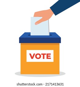 Hand puts vote bulletin into vote box. Flat presidential election and democracy political president, governor, or parliament member with election illustration vector