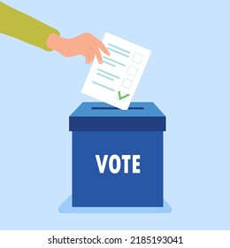 Hand puts vote bulletin into vote box. Election concept. Flat design vector illustration
