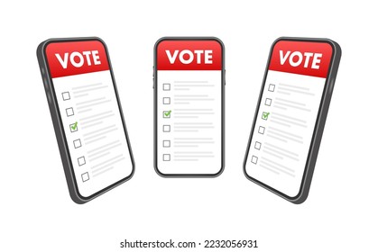 Hand legt Wahlzettel auf Smartphone-Bildschirm in die Wahlbox. Abstimmungskonzept. Stimmzettel. Vektorgrafik.