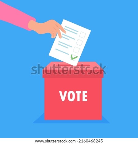 Hand puts vote bulletin into vote box. Election concept. Flat design vector illustration