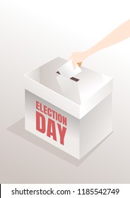 Hand puts voting ballot in ballot box. Presidential Voting and election concept. Make a choice image. Vote illustration.