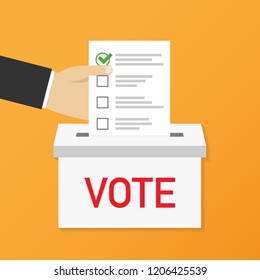 Hand puts voting ballot in ballot box. Voting and election concept. Make a choice image. Vector stock illustration. 