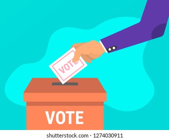 Hand puts voting ballot in ballot box. Voting and election concept. Make a choice image. Vote illustration.