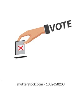 Hand puts voting ballot in ballot box. Voting and election concept. Make a choice image. Vote illustration vector