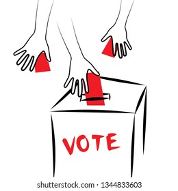 Hand puts voting ballot in ballot box. Voting and election concept. Make a choice image. Voting concept in flat style - hand putting paper in the ballot box. Vote illustration. 