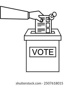 Hand puts voting ballot in vote box. Election voting choice decision line style concept. Choosing democrazy politic for government candidate, card questionaire, president election. Vector illustration
