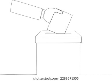 A hand puts the voting paper into the ballot box. Vote one-line drawing