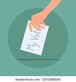 Hand, die den Stimmzettel auf grünem Hintergrund in die Wahlurne legt. Abstimmung 2024. Konzept von Politik, Wahlmöglichkeiten, Freiheit, Demokratie und Menschenrechten. 