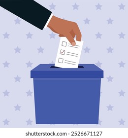 A hand putting a ballot paper into a ballot box with copy space. Democracy, election concept